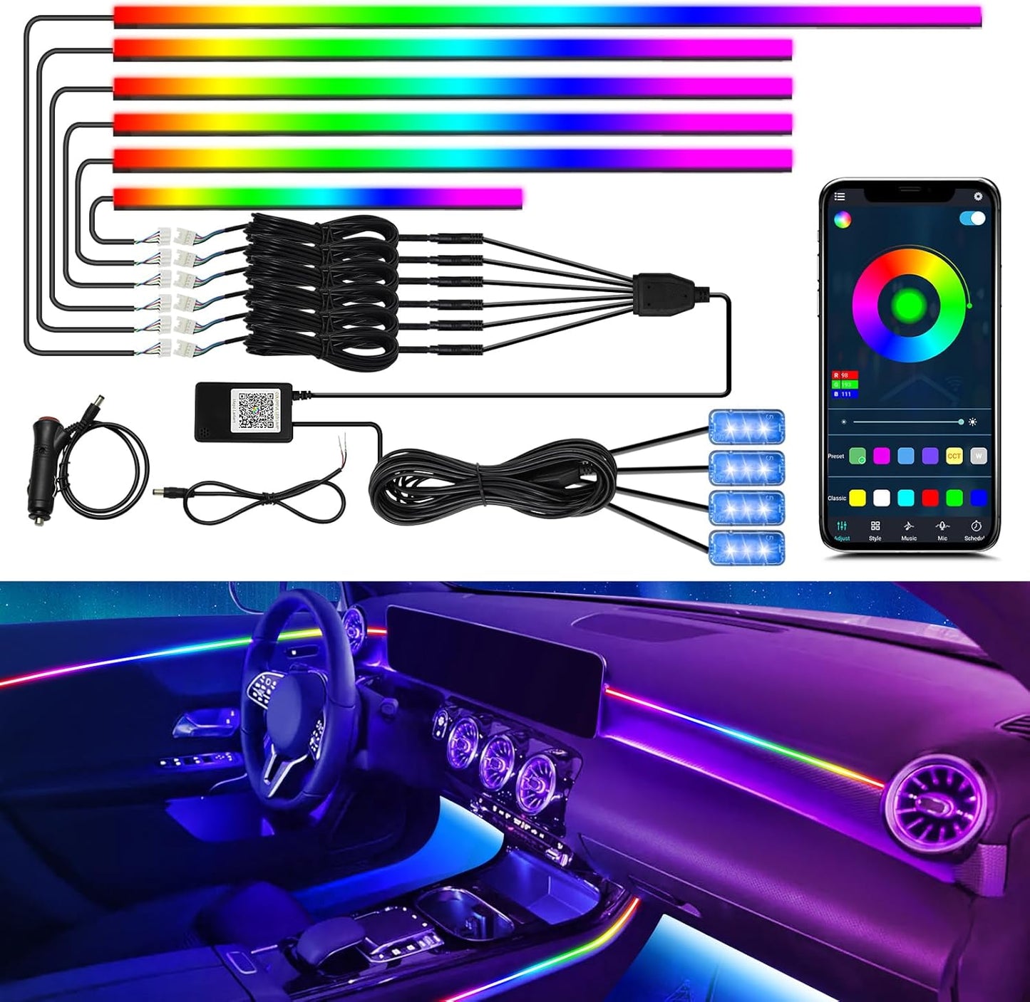 Dreamcolor Interior Car Lights, WEBUPAR Car Accessories 10 in 1 Car LED Strip Lights with APP Control and 213 Modes, 175 inches 593 LEDs Acrylic Fiber Optic Lights, RGB Neon Car Lighting