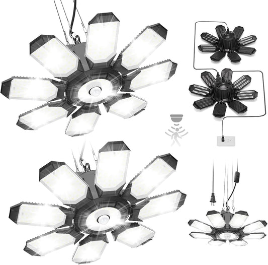 TANBABY 2 Pack Motion Sensor Garage Light, Deformable Garage Lights Ceiling LED Plug in Cord, Plug in Shop Lights with 8+1 Panels Bulb for Basement