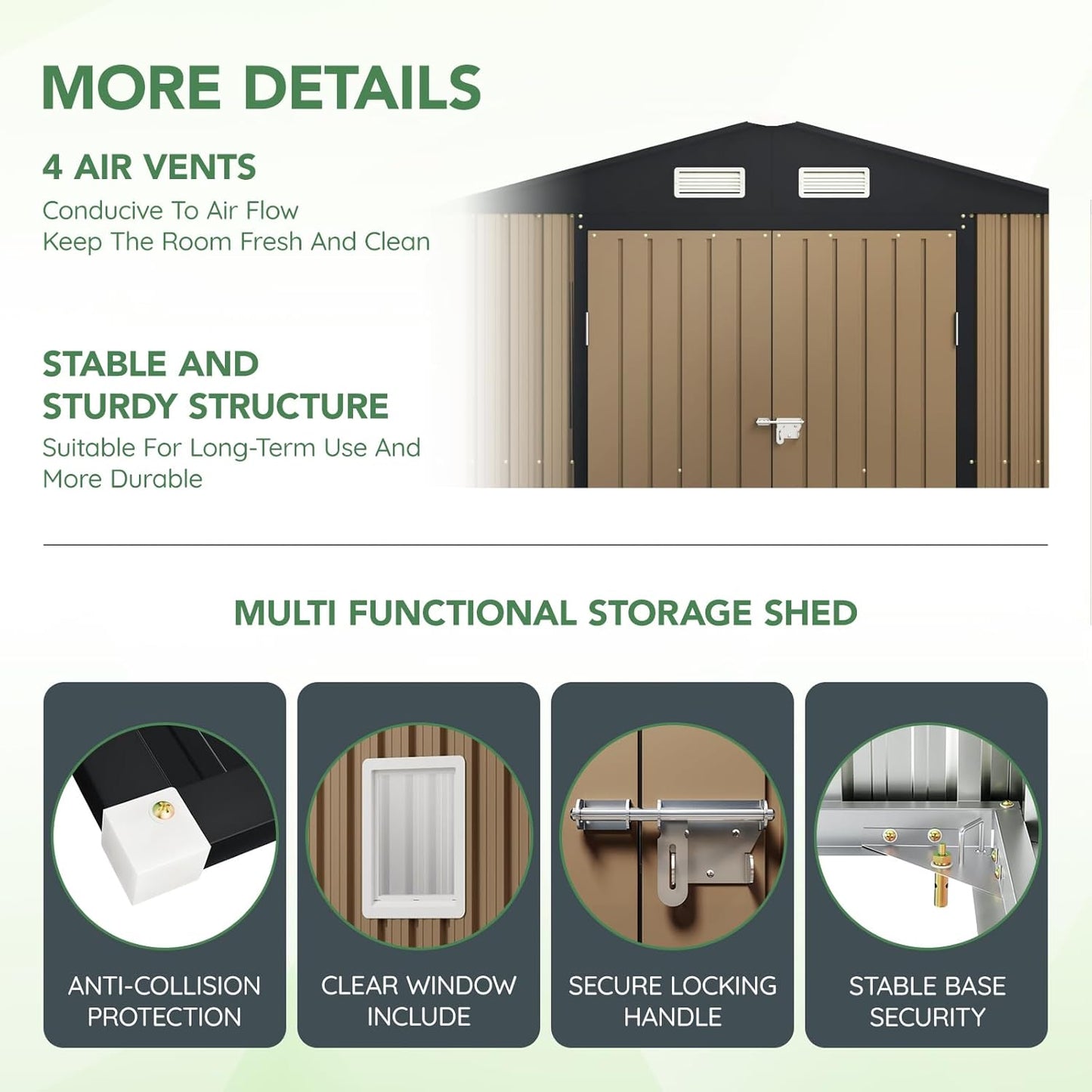 8X6FT Outdoor Steel Storage Shed with Lockable Doors, Frame Floor (No Wood/Other Boards),One Big Window,Ideal for Garden, Backyard, Patio Storage,Brown