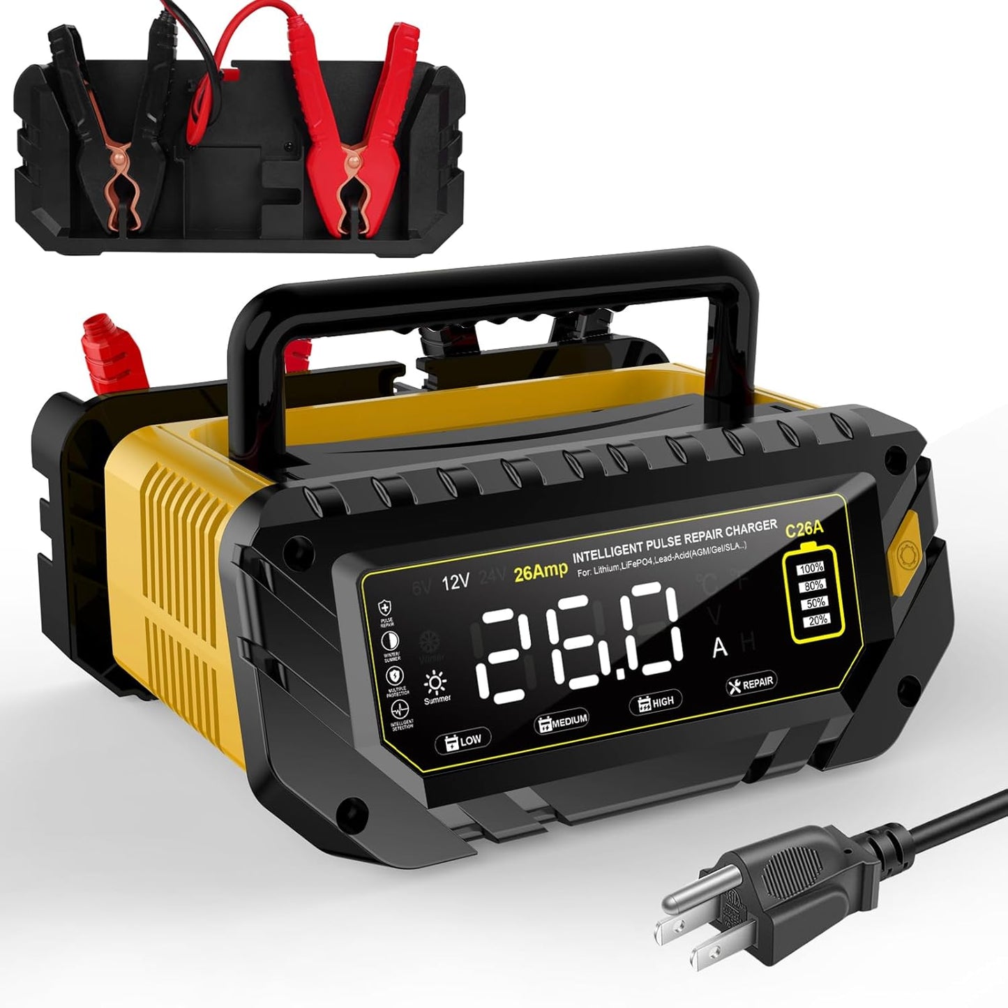 Battery Charger 0-26A 6V/12V/24V Lithium LiFePO4 Lead Acid, Fully Automatic Car Battery Maintainer, Smart Trickle Charger, Automotive w/Pulse Repair for AGM, STD, Gel, Deep Cycle Batteries ﻿