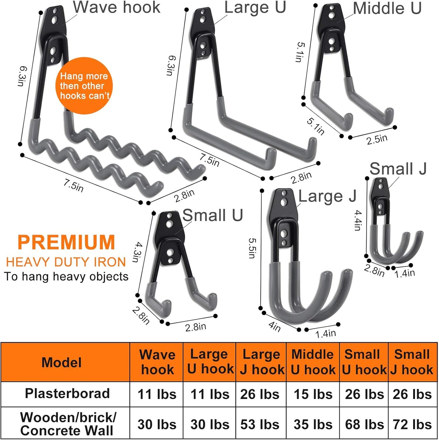 Aoben 24PCS Heavy Duty Garage Hanger Organizer Anti-Slip Double Wall Storage Hooks for Power Tools, Bikes, Ropes (23 Hooks & 1 Holder Strap)-Grey