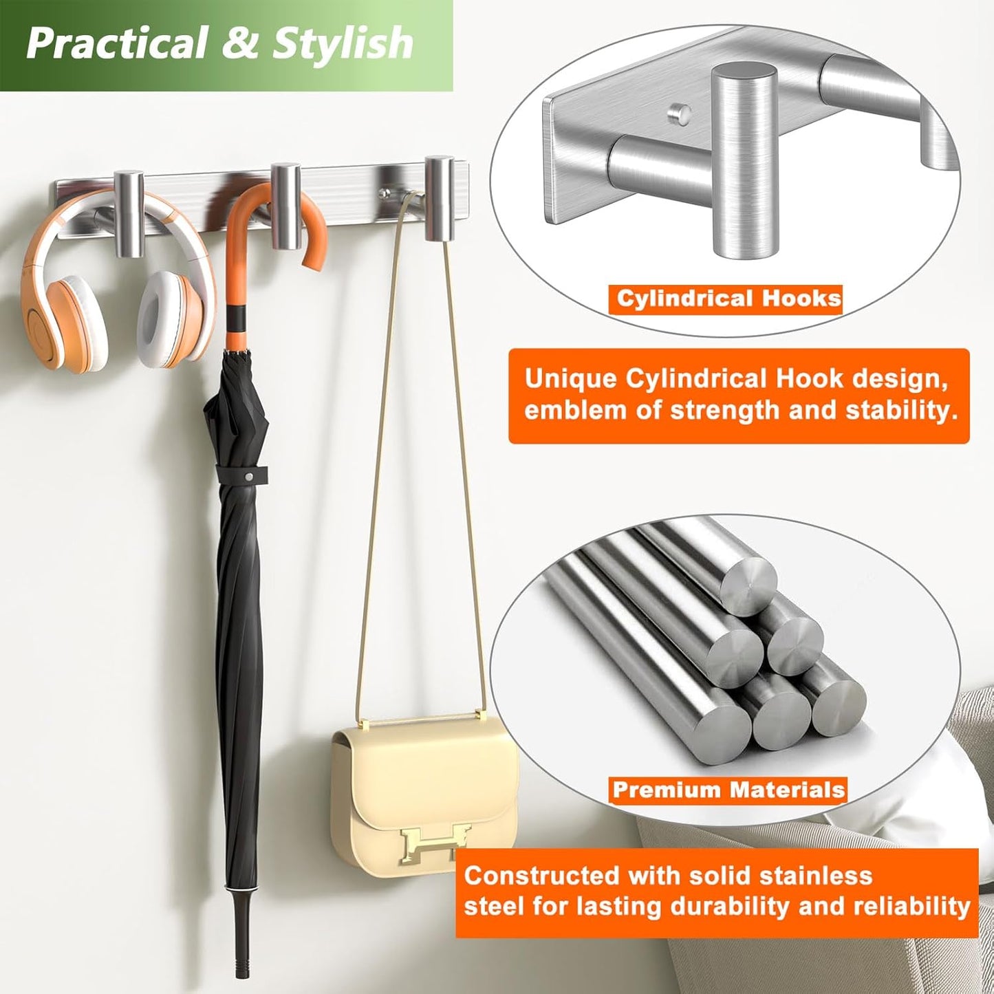 Wall Mounted Coat Rack-3 Hooks, Heavy Duty Stainless Steel Hook Rail for Towel Coat Hat Purse Bag Jacket, Towel Hooks for Entryway Bathroom Kitchen (Silvery 3 Hooks - 1 Pack)