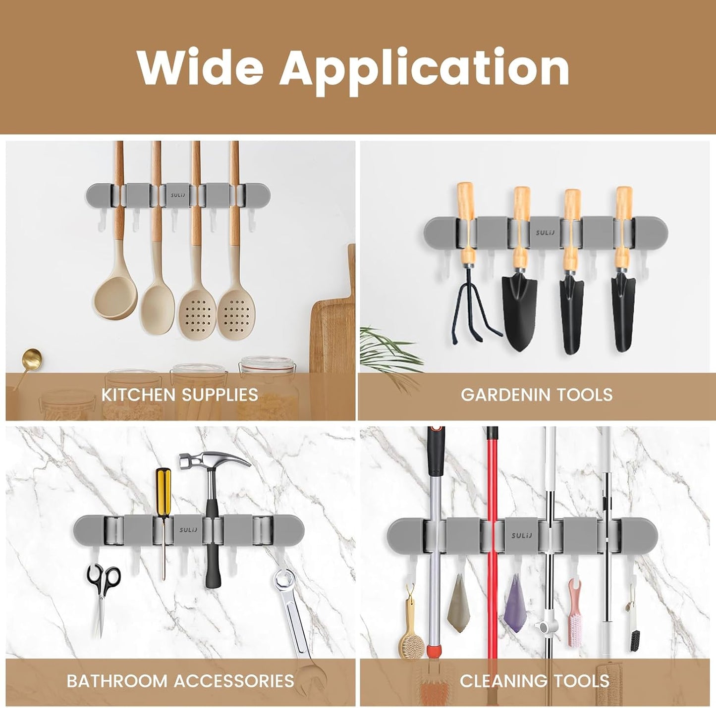 2Pcs Broom Mop Holder with Hooks Wall Mounted Broom Storage Rack No Drilling Self-Adhesive Mop Broom Organizer Mop Holder Hanger for Bathroom Office Kitchen Closet Garage,Grey (2)