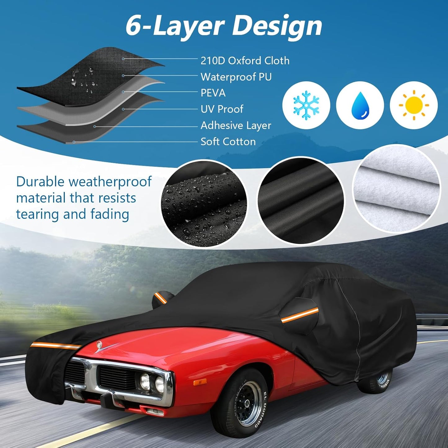 Car Cover for Dodge Charger 1968-1974, Waterproof 210D Oxford Cloth and Cotton Cover Outdoor Full Car Covers with Zipper Windproof Heavy Duty All Weather with Wind, Sun, UV and Dust Protectio
