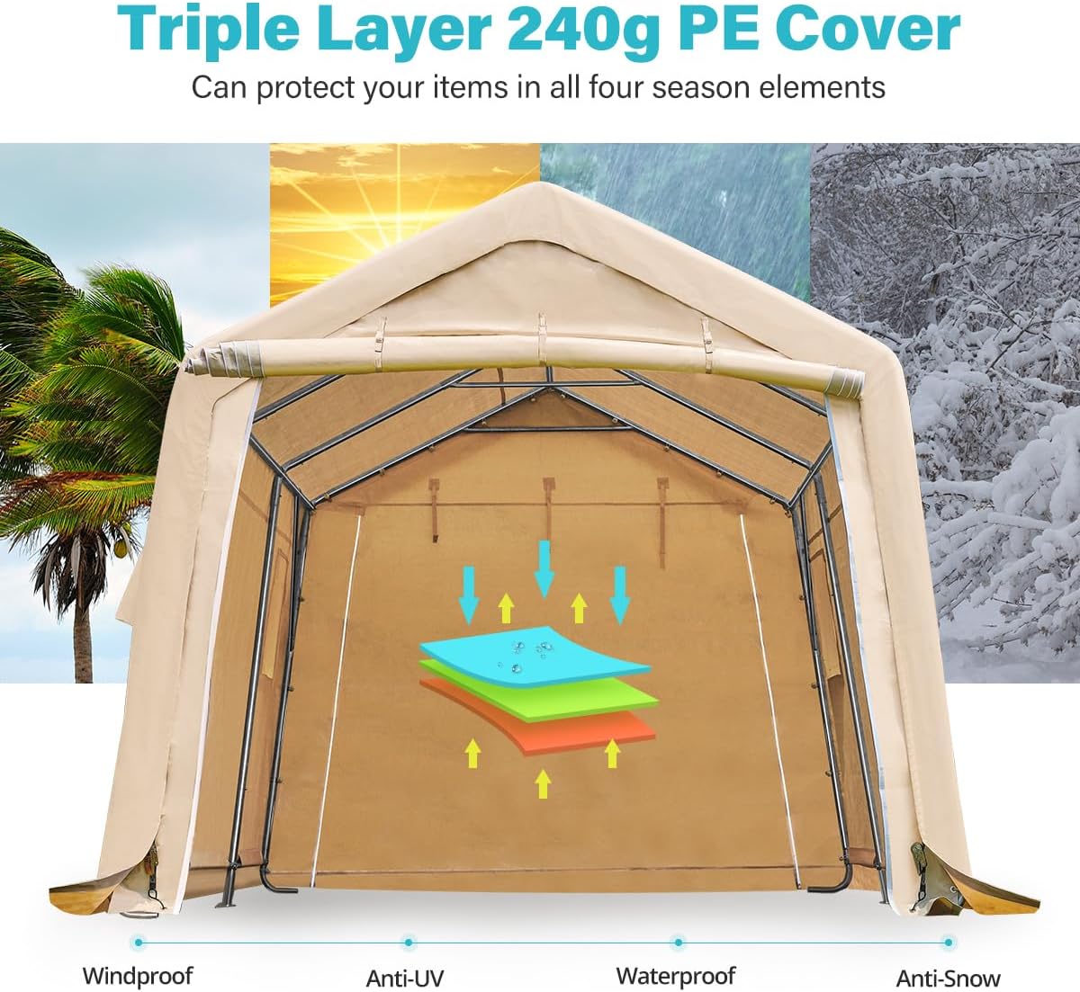 ADVANCE OUTDOOR 10X15 ft Garage Shelter Steel Metal Peak Roof Portable Storage Shed Carports for Motorcycle Boat, or Garden Tools with 2 Roll up Doors & Vents, Beige