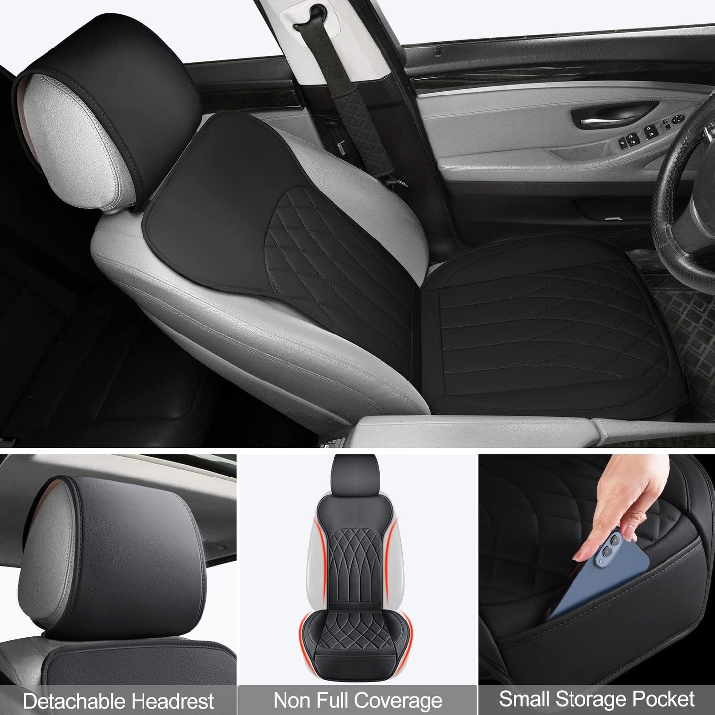 2 Pack Leather Front Car Seat Covers, Universal Sideless Car Seat Protectors with Storage Pocket and Seat Belt Pads, Waterproof Automotive Seat Cover for Cars Trucks SUV(Black)
