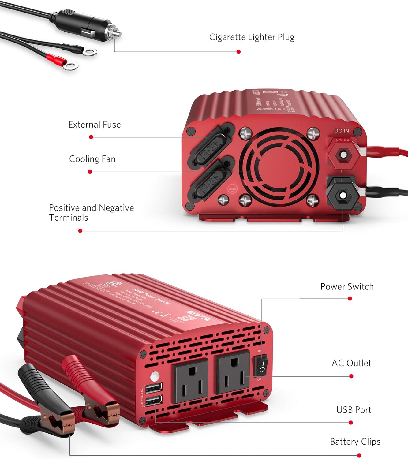 BESTEK 500W Power Inverter DC 12V to 110V AC Converter with Alligator Battery Clamp 4.8A Dual USB Car Charger ETL Listed