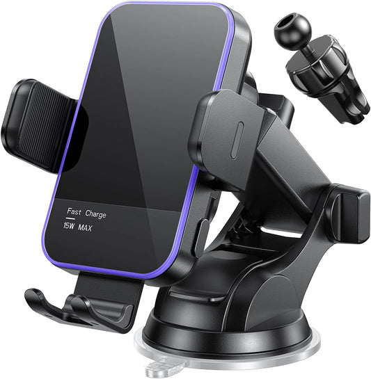Wireless Car Charger,【7 Colored RGB Backlit】 Mosurr 15W Auto Clamping Phone Holders for Your car fit for iPhone 16 15 14 Mini Pro Max, Samsung Galaxy S25 Ultra S24 S23+, etc, Fathers Day for Gifts