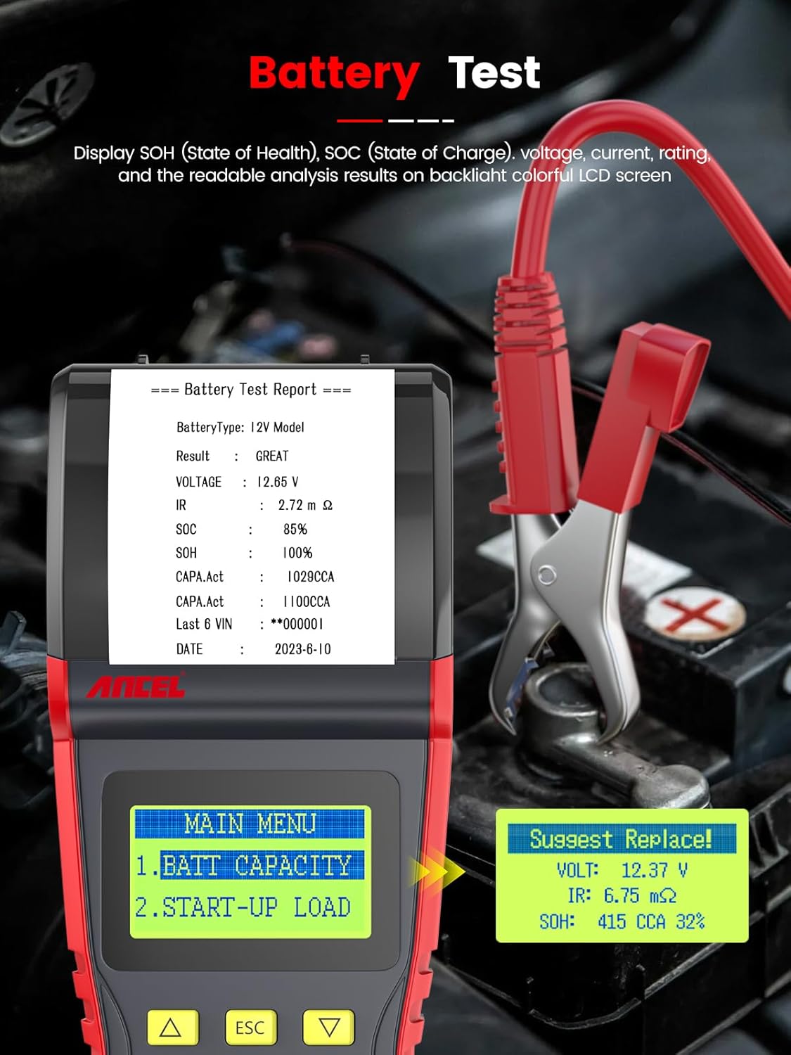 ANCEL BST500 Car Battery Tester with Printer, 12v 24v Automotive Battery Load Tester, Cranking Charging System Analyzer, 99.99% Accuracy for Car Motorcycles Truck SUV ATV RV and More