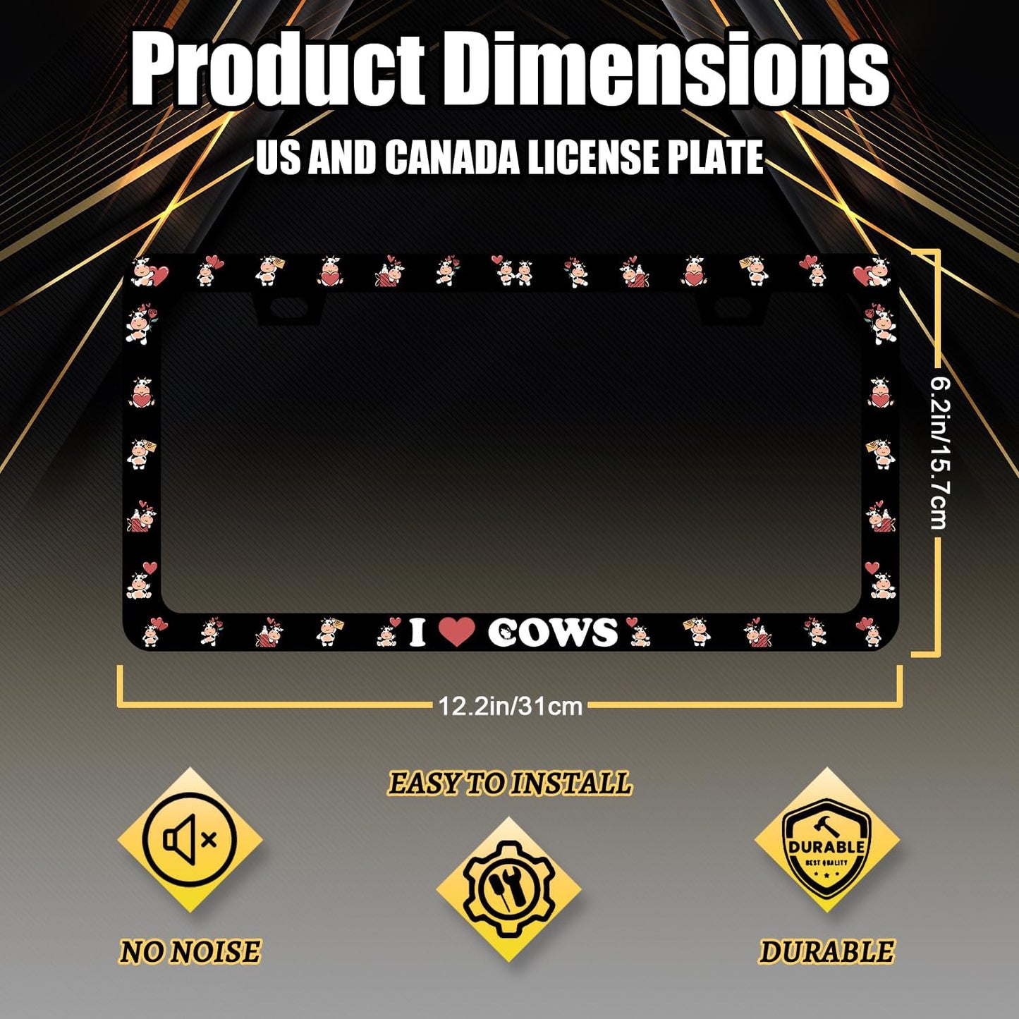 Cow License Plate Frame Cute I Love Cows License Plate Holder for Personalized Colorful Animal Car Decorative Stainless Steel Funny License Plate Cows Auto Part with Screws 12.2" x6.2"