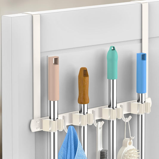 Broom Holder Over The Door - 304 Stainless Steel Mop and Broom Holder Wall Mounted or Hanging Over The Door with Hooks - Broom Hanger - white, Broom Storage Tool Organizer for Closet Laundry
