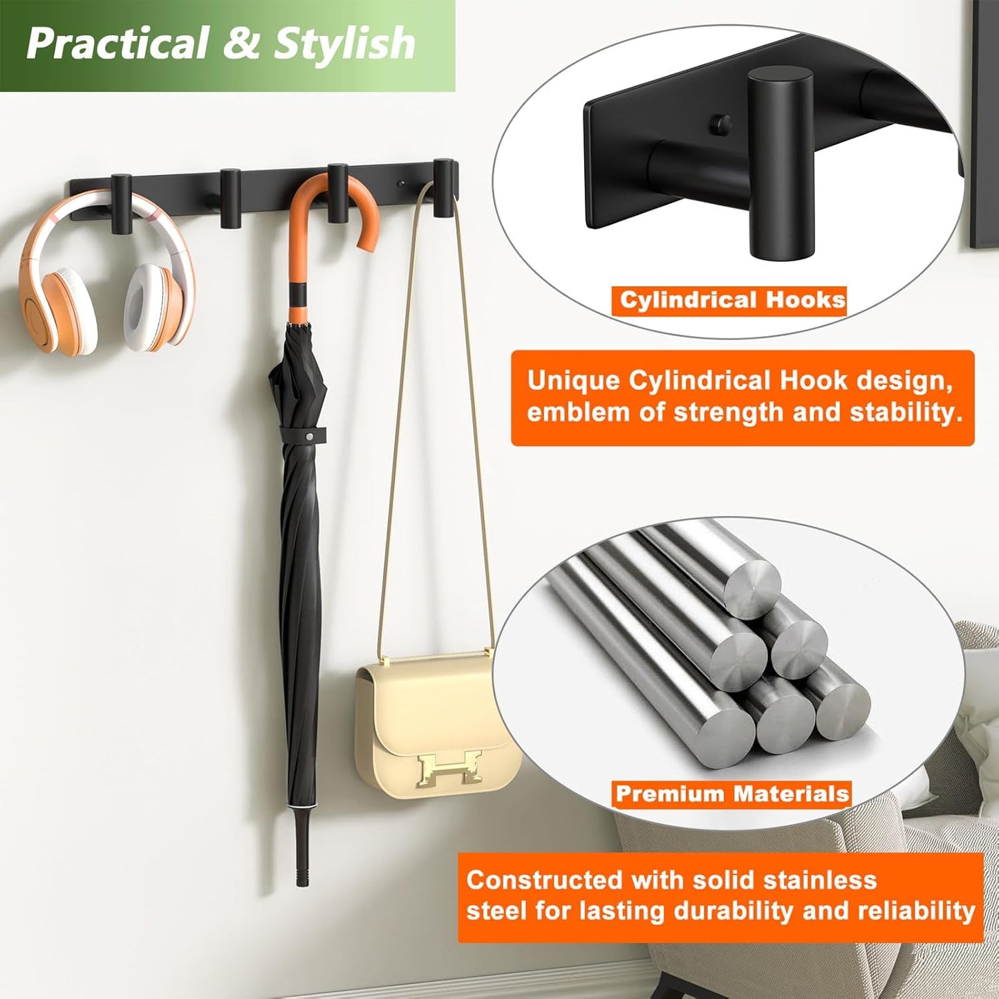 Coat Rack Wall Mounted with 4 Hooks, Wall Hooks for Hanging Towel Coat Hat Bag, Heavy Duty, Metal Hat Rack Coat Hanger Towel Hooks Coat Hooks for Entryway Bathroom Kitchen (Black, 2 Packs)