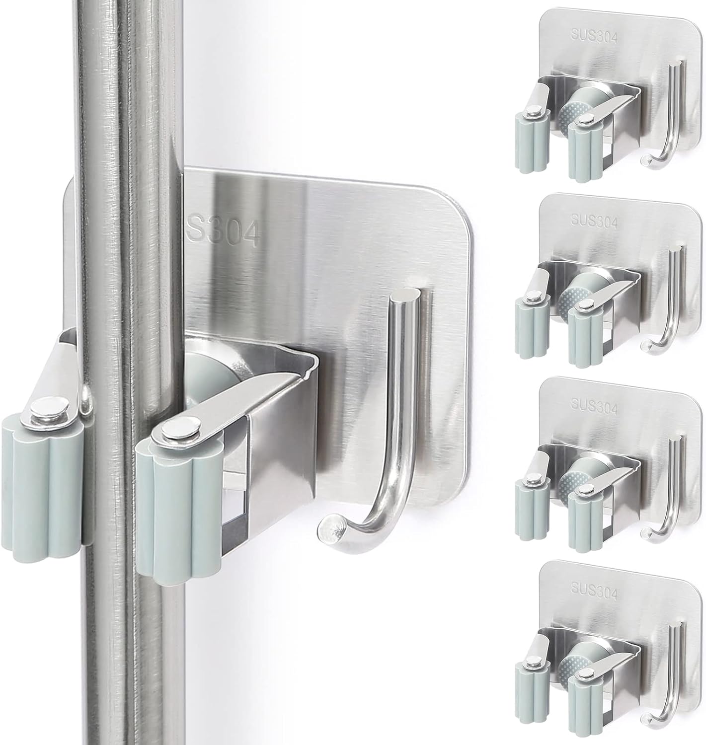 Stainless Steel Broom Holder, Self-Adhesive, 4 Gripper Positions, 4 Hooks, Light and Durable, Easy Installation, Ideal for Organizing Household Items