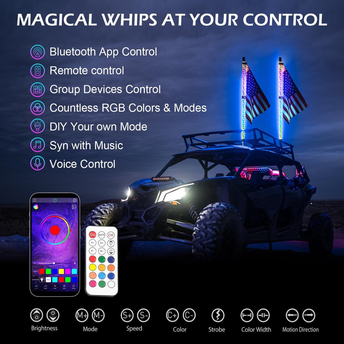 2PCS 3FT RGB LED Whip Light with Spring Base Remote App Control w/DIY Chasing Patterns Turn Signal & Brake Lights for ATV, UTV, Polaris, RZR, Can-am