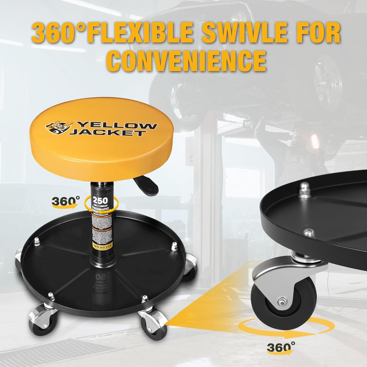 YELLOW JACKET Rolling Mechanic Stool with Wheels Pneumatic Garage Shop Seat Adjustable Height Roller Mechanics Creeper Chair with Tool Tray for Auto Repair