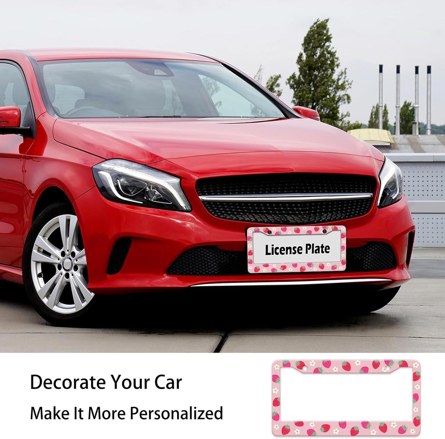 Cute Strawberry Printed License Plate Frame, Strawberry and Flowers Frames Holder Covers, Metal Aluminum Rustproof Car Accessories for Us Canada Standard Women Men 2 Holes with Screw Caps