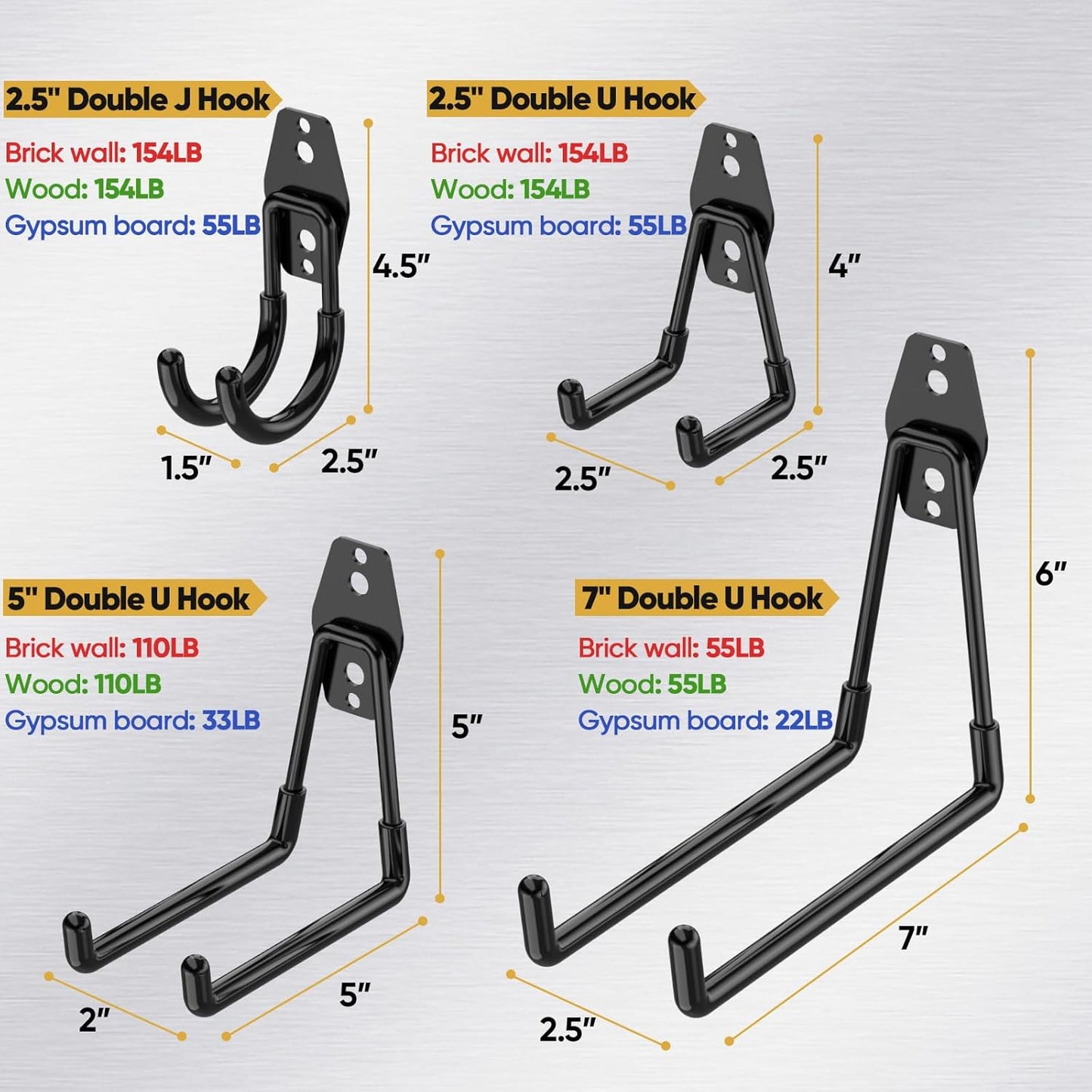 TICONN 12 Pack Heavy Duty Garage Hooks, Steel Utility Wall Storage Hooks, Wall Mount Hanger Organizer for Ladders, Bikes, Tools, Bulky Items (Set, Yellow)