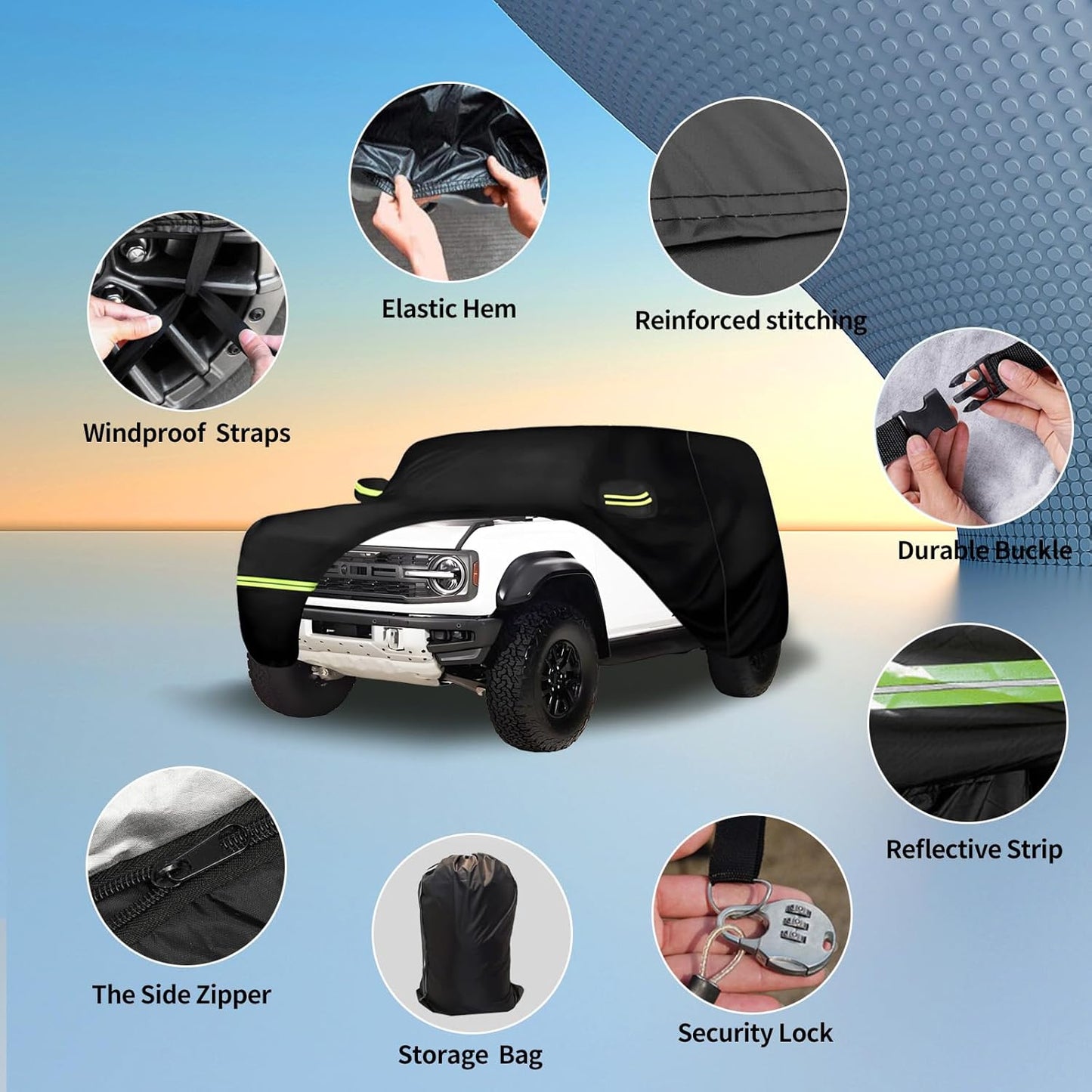 Waterproof Car Covers for 2021-2024 Ford Bronco 2 Door(Black) 210T Custom Outdoor Storm Hood