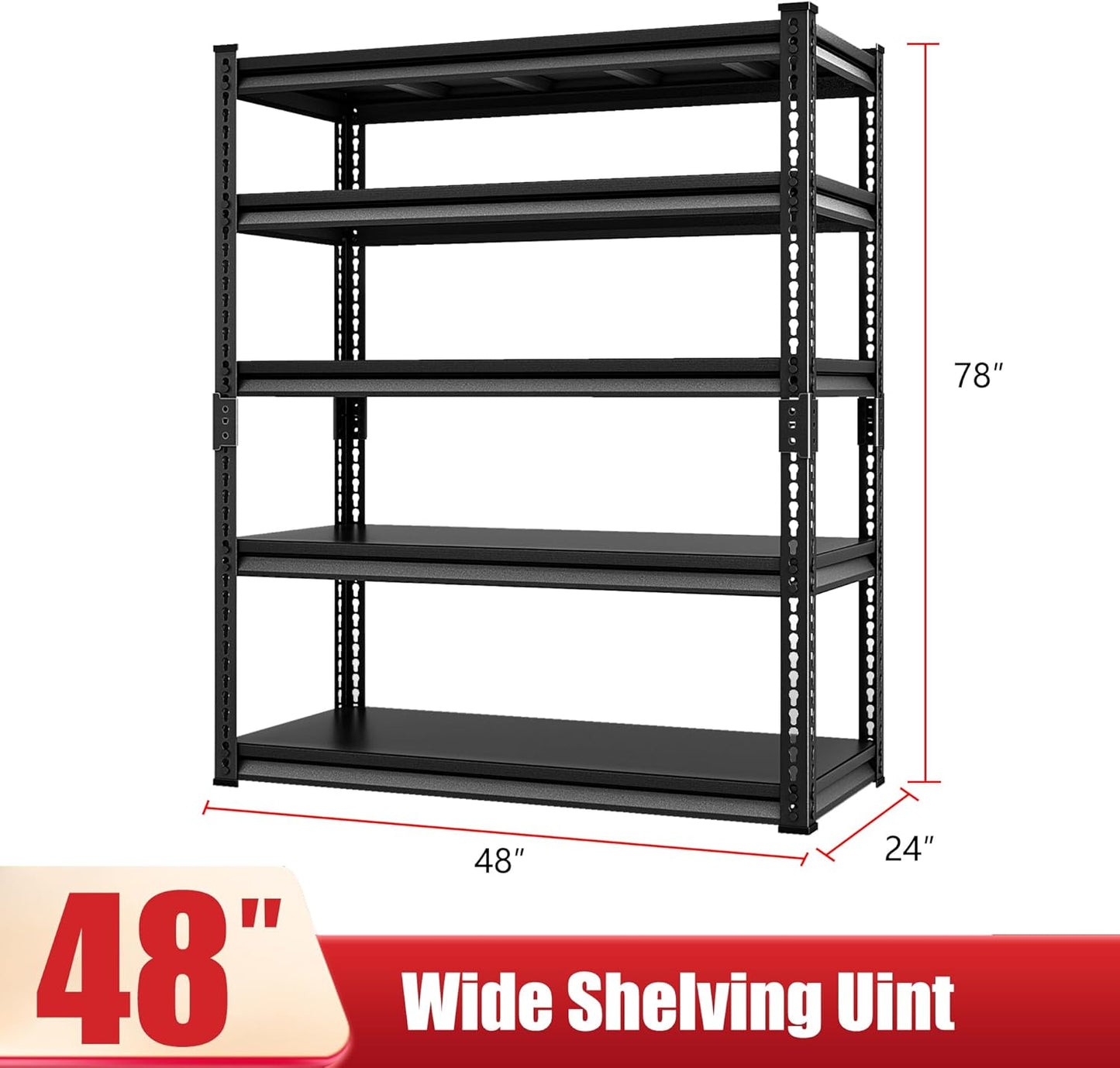Garage Shelving Heavy Duty 3000LBS Loads, 48" W Adjustable Garage Storage Shelves, 5-Tier Metal Shelving Units and Storage, Industrial Utility Shelf, 48" Wx24 Dx78 H,Black