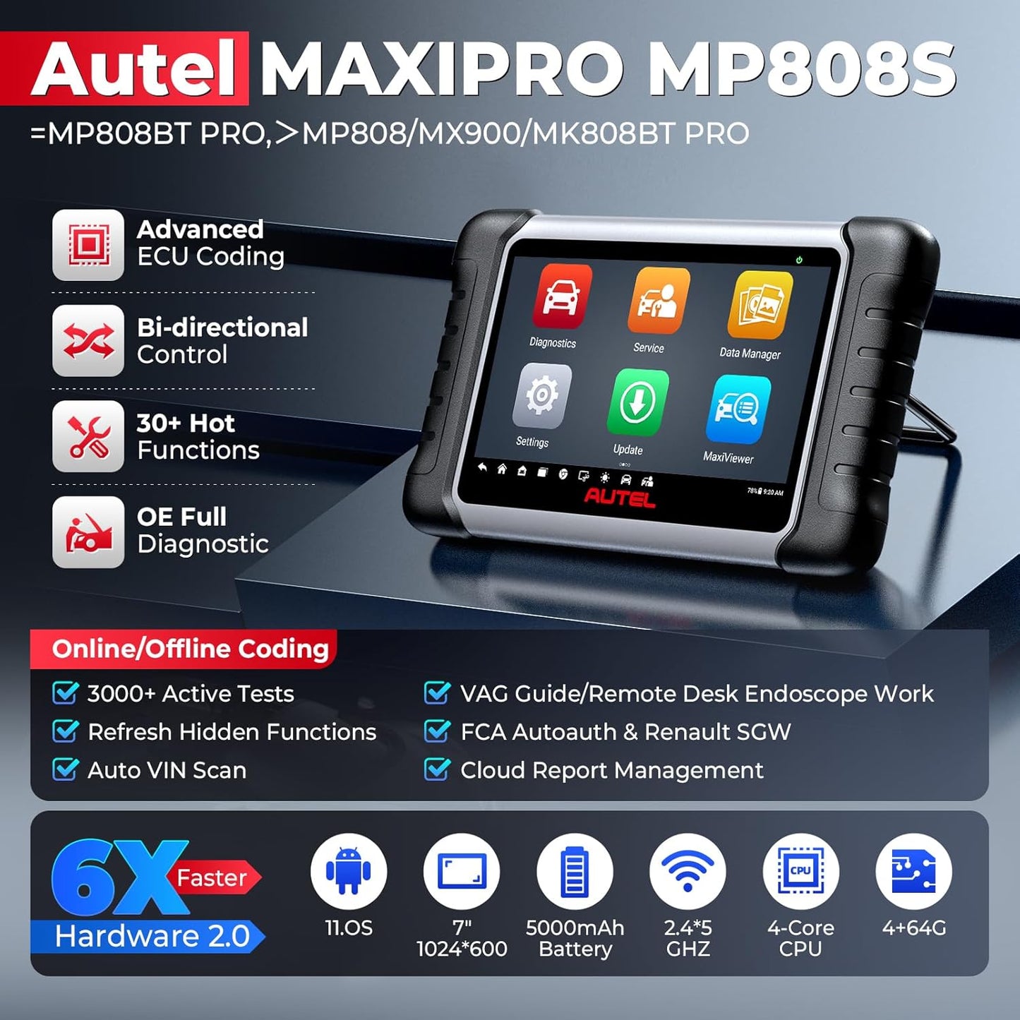 Autel MaxiPRO MP808S Scanner, 2025 2-Year Update MP808S Up of MaxiSys MS906BT MaxiCOM MK900BT MK900 MX900 MP808BT, ECU Coding as MS906 PRO/MAX MP900BT, 3k+ Active Tests, 30+ Resets, FCA SGW, OS 11