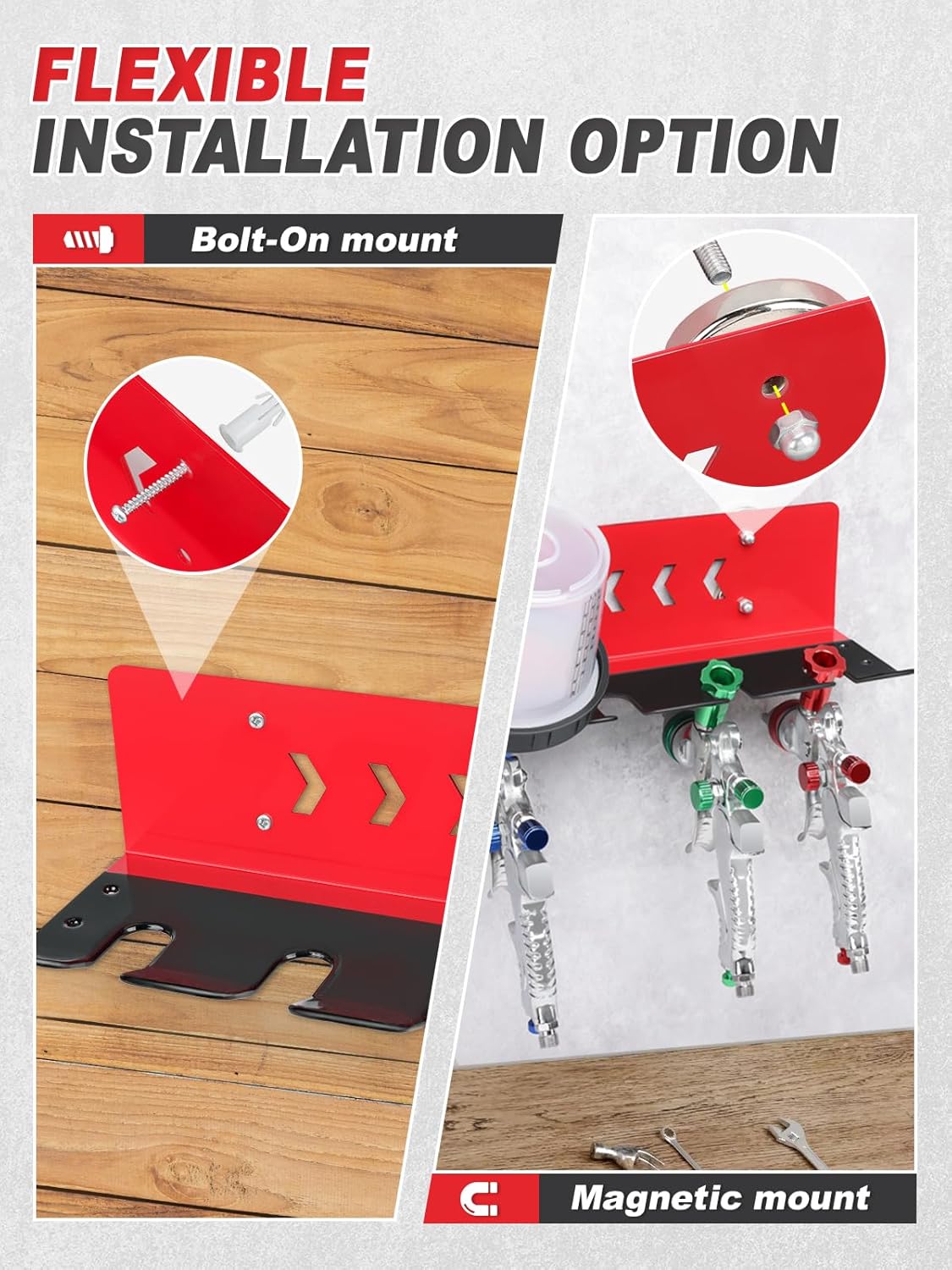 Paint Spray Gun Rack for Magnetic or Wall Mount, Holds 7 Gravity Feed Guns or 4 with Cups, Heavy-Duty Steel Paint Organizer with S-Hooks for Garage, Body Shop or Workshop, Red