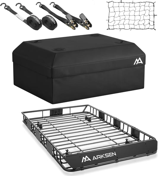 ARKSEN 64 x 39 x 5 Inch Universal Roof Rack with Waterproof Bag, Cargo Net & 2 Ratchet Straps - Upgrade 150Lbs Capacity Heavy Duty Rooftop Cargo Carrier with Extension for Car, SUV & Pickup