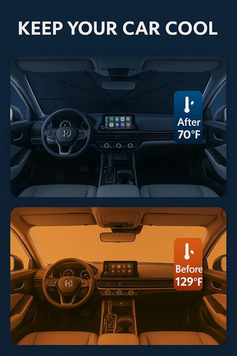 Proadsy Windshield Sun Shade Umbrella for Honda Accord 2023-2025 2026 Foldable Car Umbrella Sunshade with Soft TPU Handle Spring Structure Crystal Cooling Material Protect Car from Rays & Heat