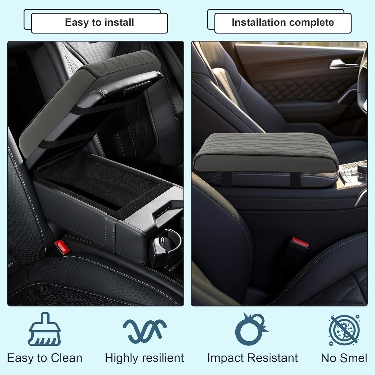 Memory Foam Car Armrest Cushion - Premium Leather Armrest Cover for Car, Comfortable Protection, Universal Fit Center Console Cover for Car, SUV, Sedan, Easy Installation (Gray)