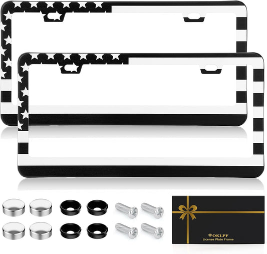 OKLPF Premium American Flag License Plate Frame, Black License Plate Frame, Black Aluminum License Plate Cover, Matte License Plate Front and Rear 2 Packs. (2 Holes), Come with Screw Cap, Screw,Washer