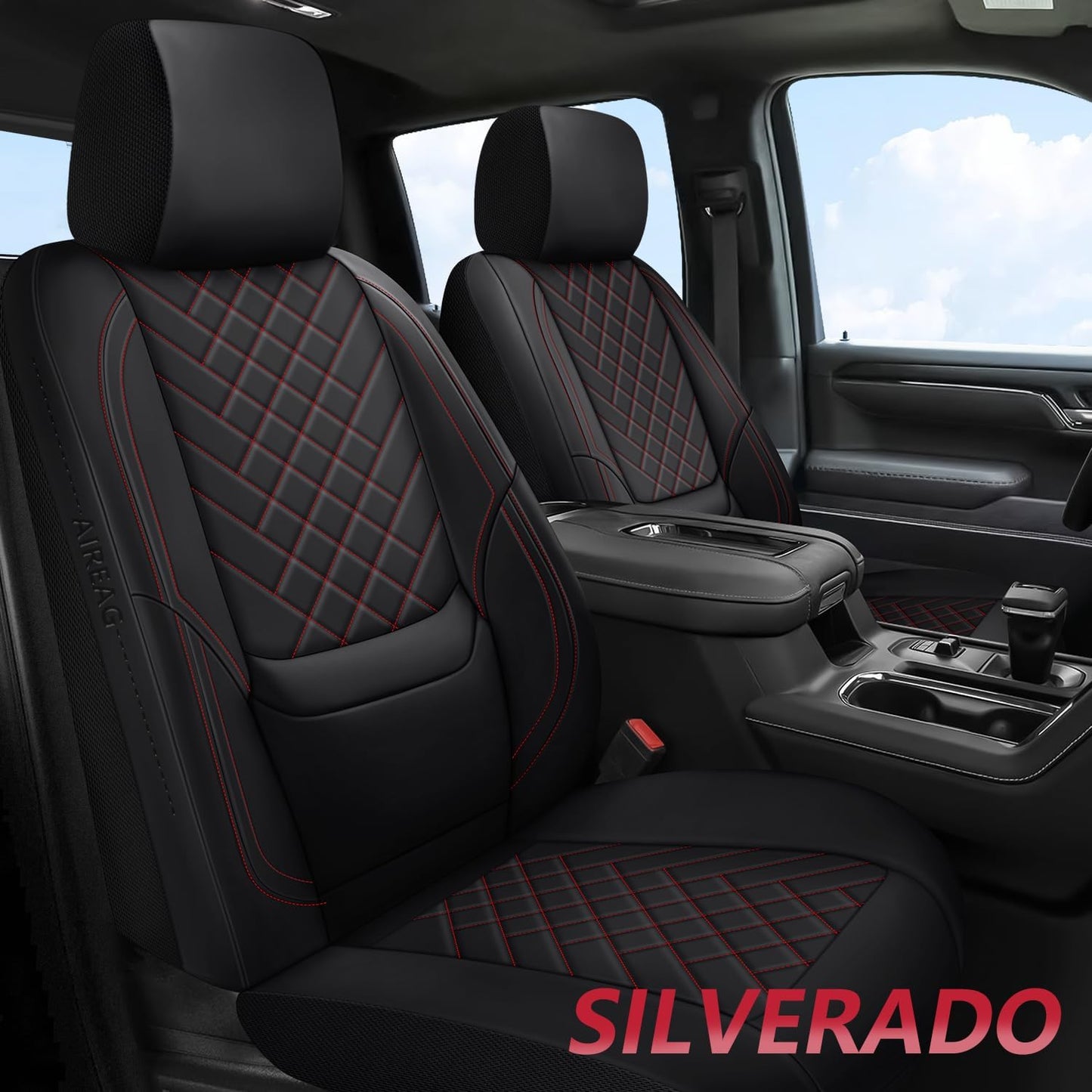 BABYBLU Chevy Chevrolet Silverado GMC Sierra Car Seat Covers Fit 2007-2023 2024 2025 1500/2500HD/3500HD (Black & Red, Full Set)