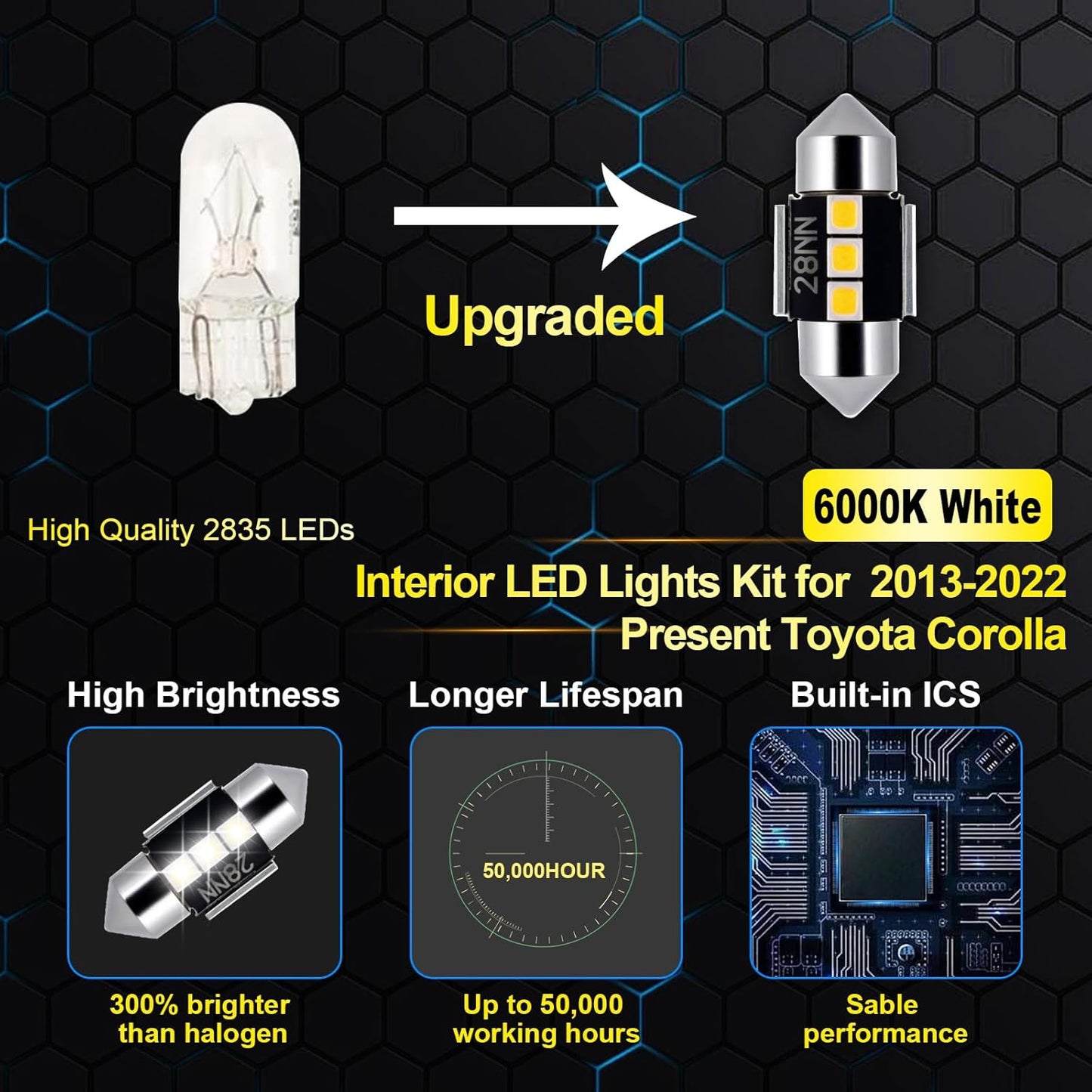 EASY EAGLE LED Interior Car Lights for Toyota-Corolla-2013-2022: 6 Piece Kit White LED Light Bulbs - Super Bright 6000K + Install Tool