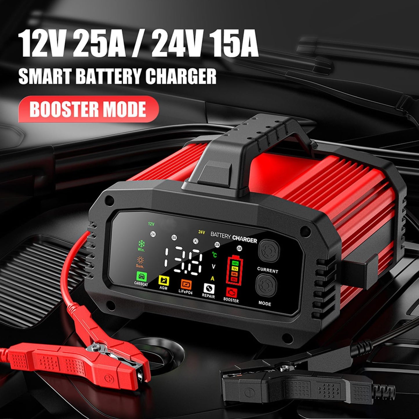 25A Battery Charger, 2/8/20/25 Amp 12V/24V LiFePO4 Lead Acid Fully Automatic Battery Maintainer with Engine Start, 8-Stage Car Battery Trickle Charger, Desulfator for AGM,STD,Gel,Deep Cycle Batteries