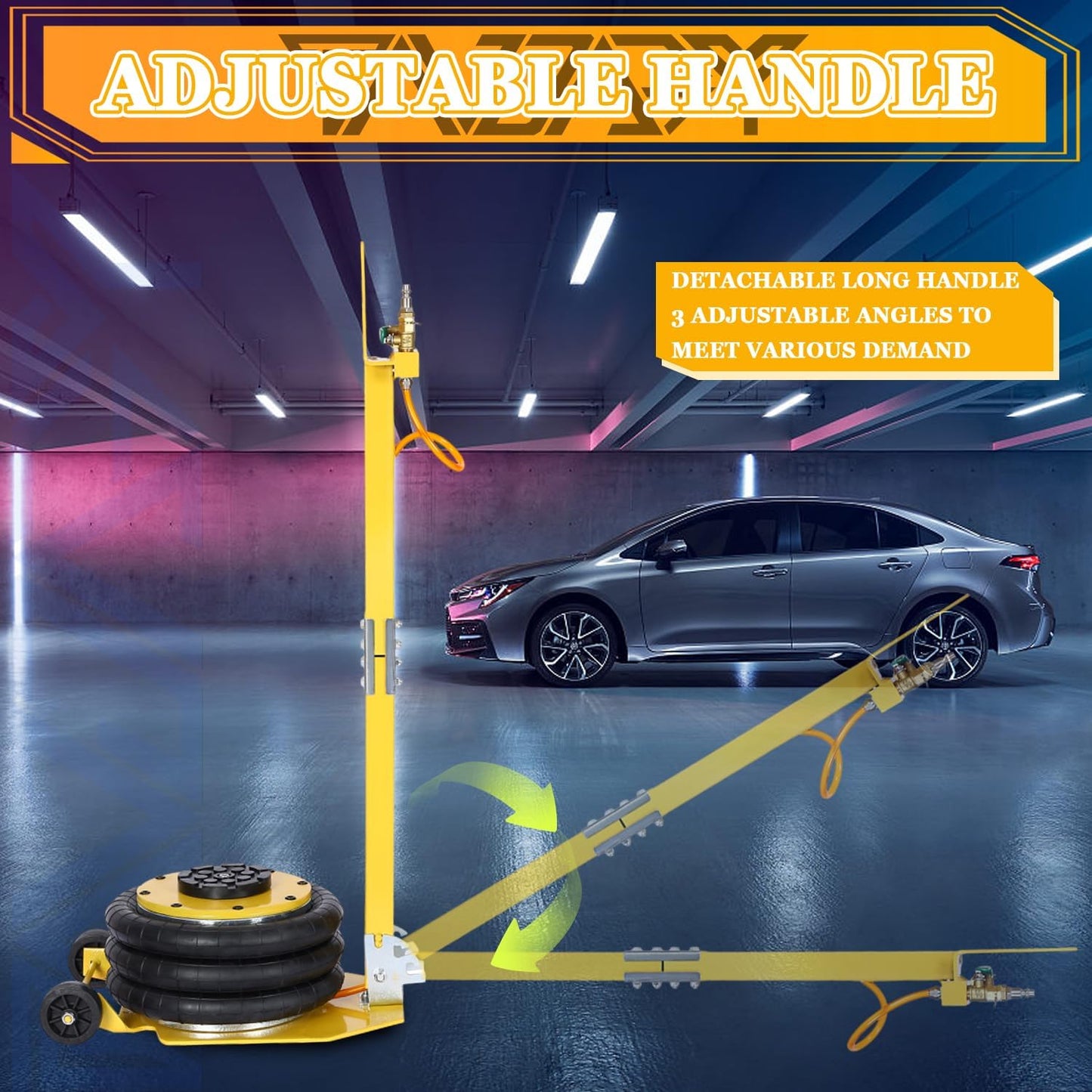 5T Triple Bag Air Jack 11000lbs Pneumatic Jack 3s Fast Lift Up 16in Airbag Jack with Adjustable Long Handle Heavy Duty Triple Air Bag Jack Lift for Cars Garage (Yellow)