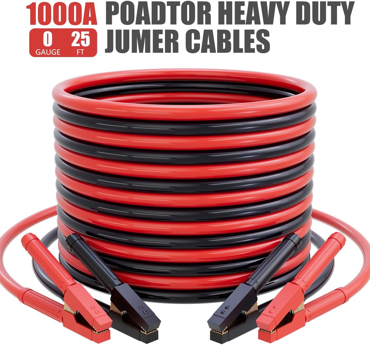 0 Gauge 25 Feet Jumper Cables for Car Battery, Heavy Duty Automotive Booster Cables 1000AMP for Jump Starting Dead or Weak Batteries with Carrying Bag Included, Suitable for 8L Gas & 6L Diesel