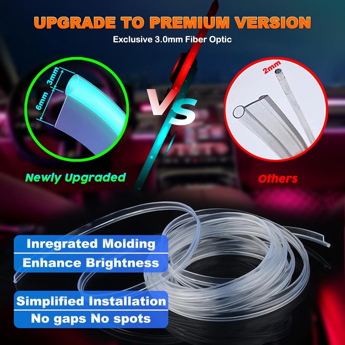 USB Interior Car LED Strip Lights with Wireless APP and Remote Control, RGB 6 in 1 Ambient Lighting Kits with 315 inches 3.0mm Fiber Optic, 16 Million Colors Car Neon Lights, Sync to Music