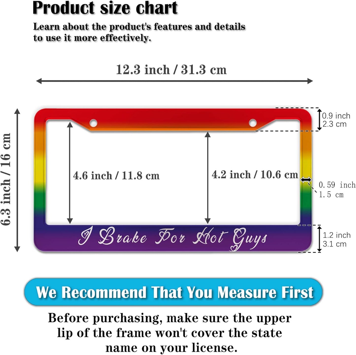 License Plate Frames for Men Rainbow Plate Cover for Car for Women Rainbow Gay Pride Aluminum Metal Car Accessory 2 Pack with Screw Covers Set