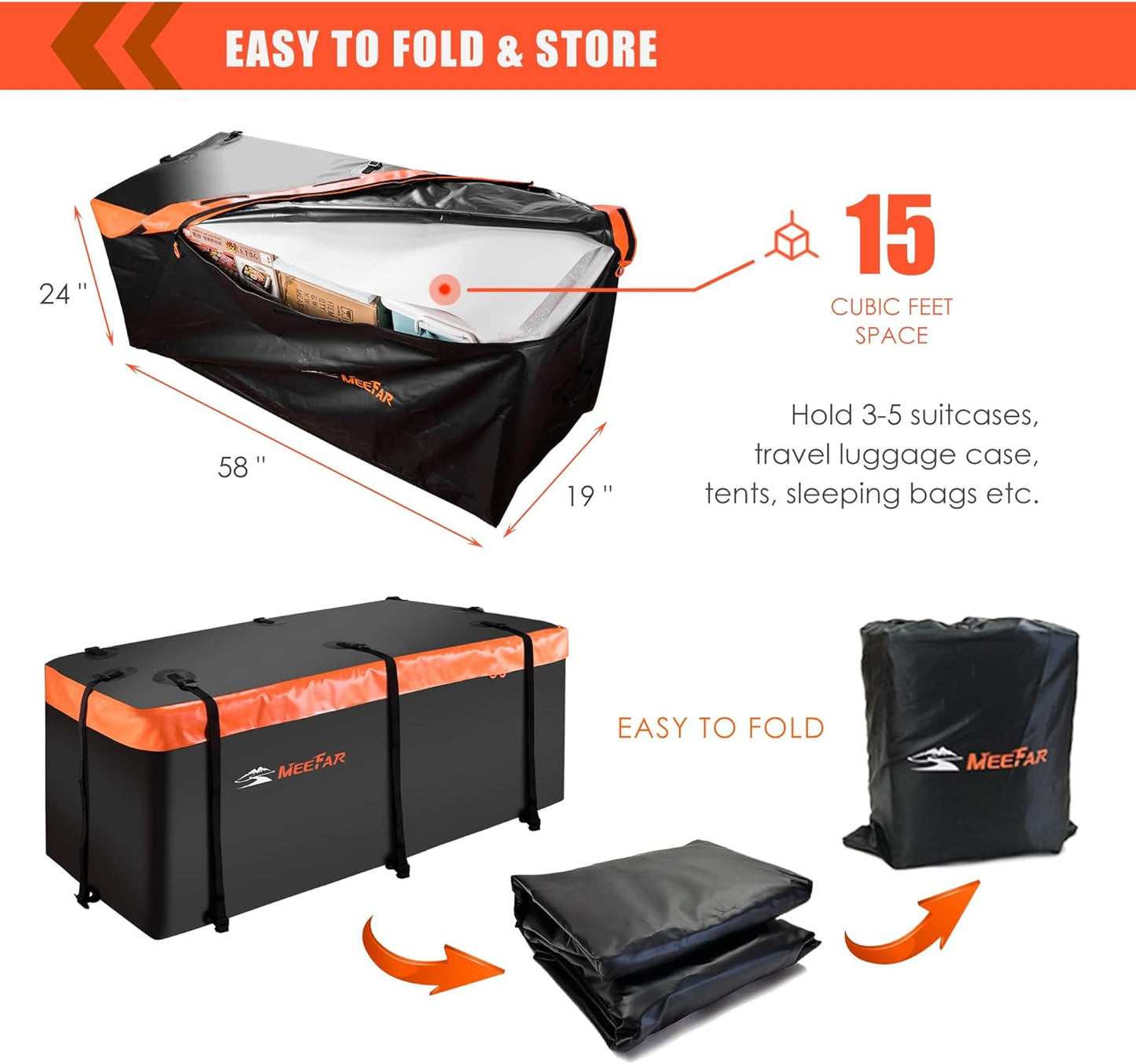 MeeFar Hitch Mount Cargo Carrier Bag Soft Shell 100% Waterproof 15 Cubic Feet (58" 19" 24") Include 8 Reinforced Straps for Truck Pickup All Vehicle with Steel Cargo Basket