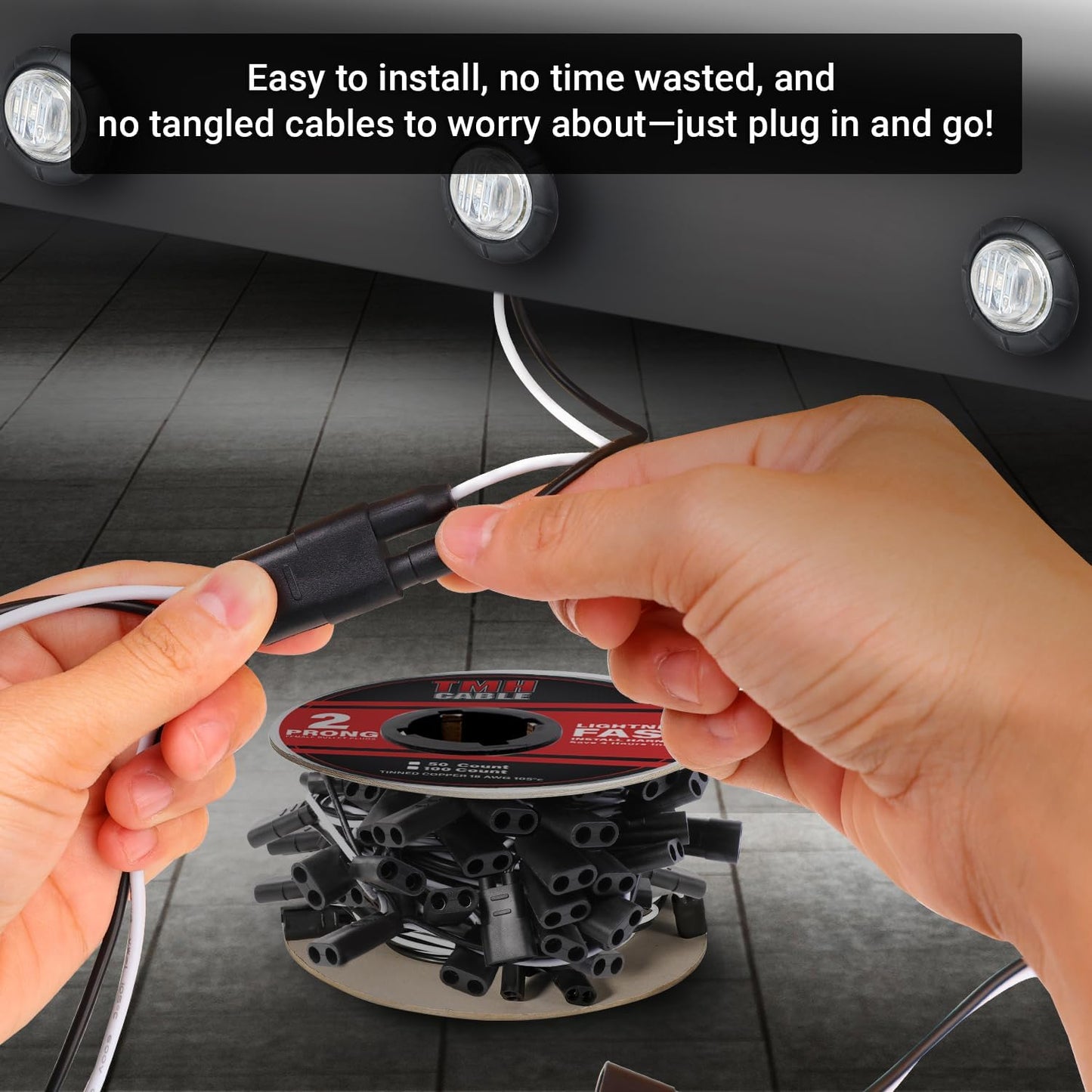 TMH 100 Count 2-Prong Wire Harness Roll Double Female Bullet Plug 18 Gauge - 6.5" Spacing for LED Marker Clearance Lights Hassle-Free Installation