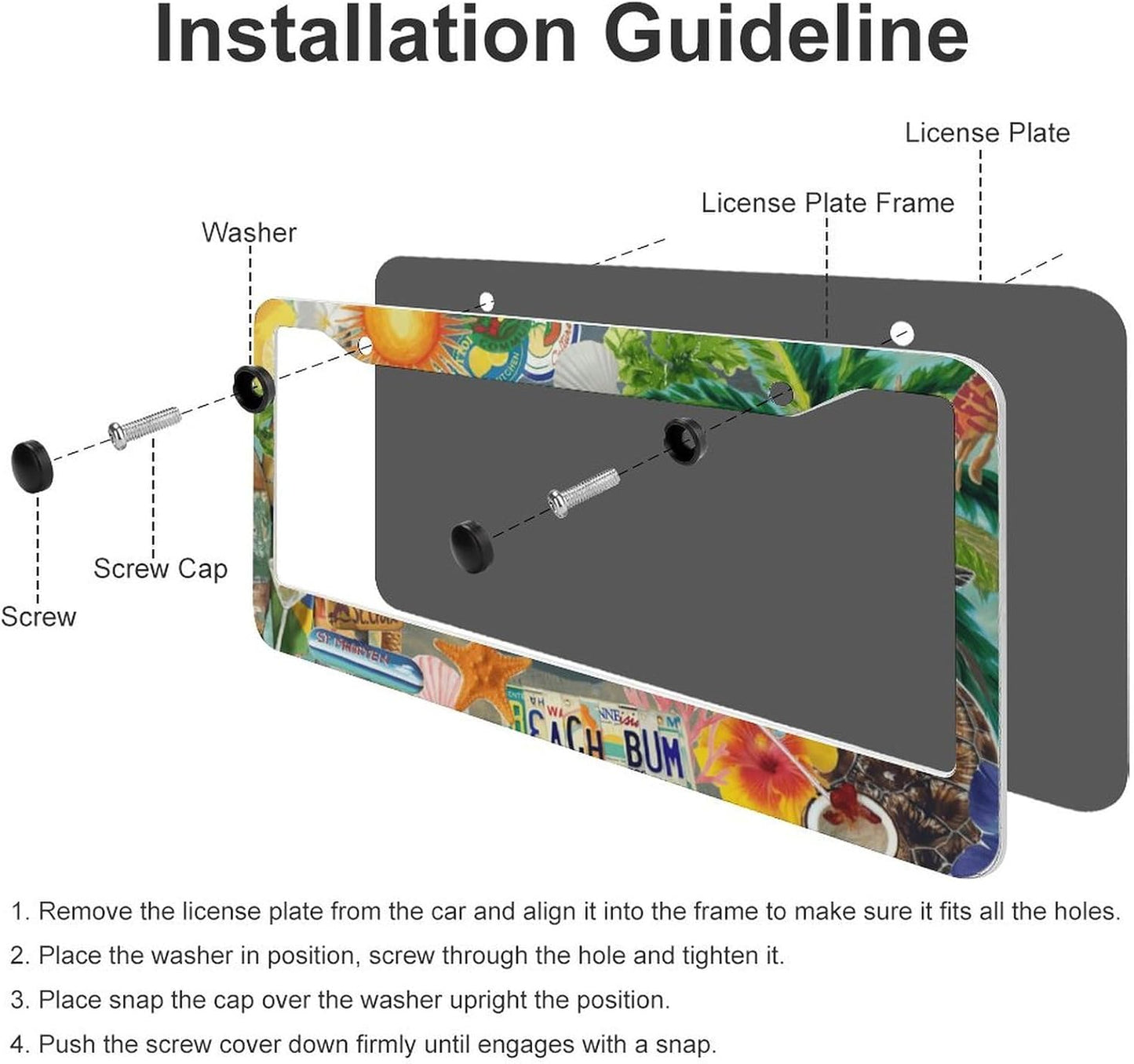 Summer Beach License Plate Frames - 2 Pcs Set 2 Holes Metal Aluminum Auto Car Accessories Decoration License Plate Frame 12.2 x 6.3 inch for Women Men Gift