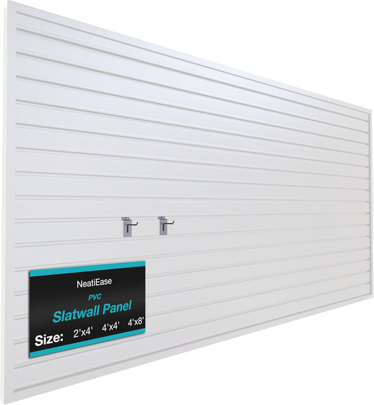 NeatiEase Slatwall Panel Wall Storage Systems, 4 x 8ft Slat Wall Paneling Garage Wall Organizer, Heavy Duty Wall Mounted PVC Wall Rack (White)