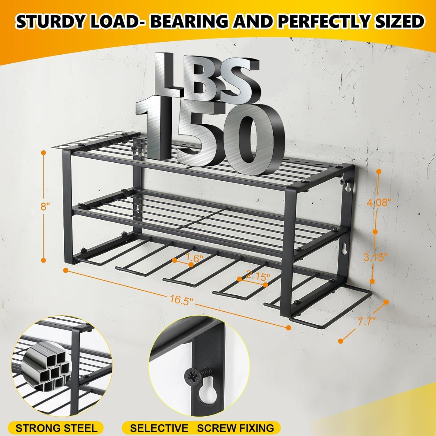Power Tool Organizer Wall Mount,battery storage rack,Heavy Duty Iron Material, Garage & Workshop Tool Organizer Storage,150Lbs Load 3 Layers Storage Rack with 4 Drill Holders for Drills Cordless Tools