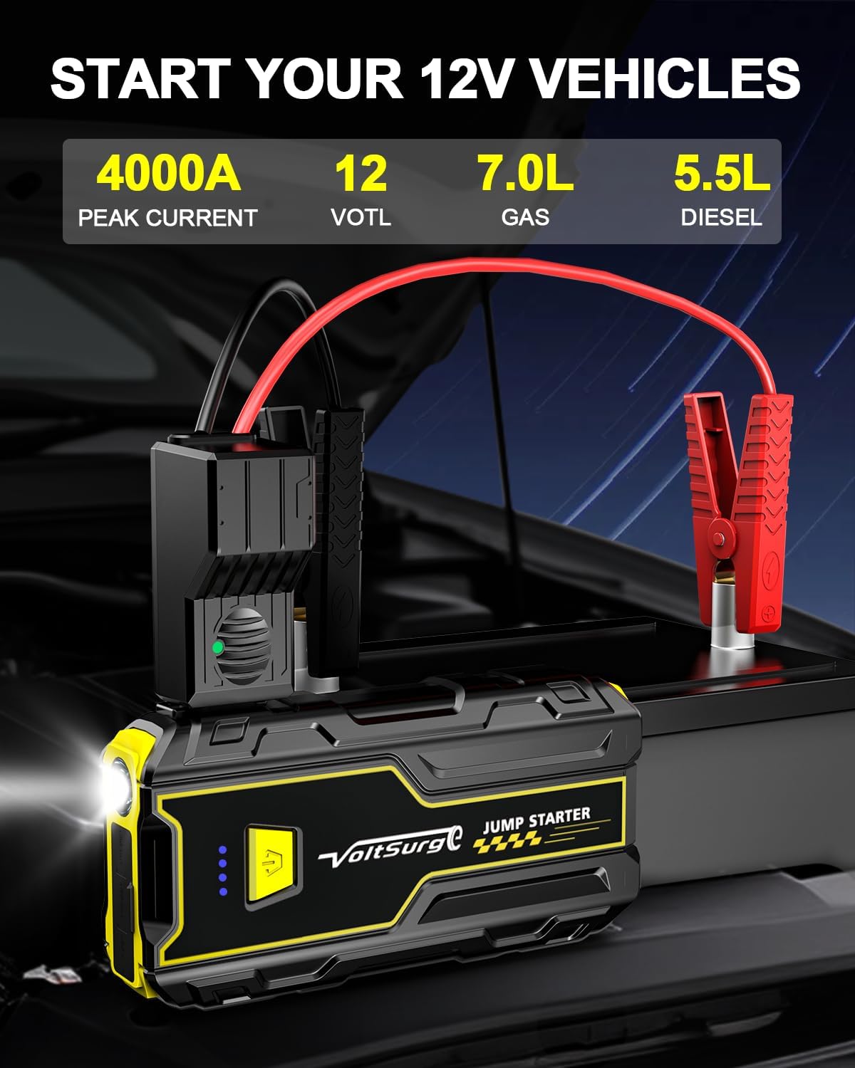 Car Jump Starter, 4000A Battery Jumper Starter Portable (Engines up to 7.0L Gas / 5.5L Diesel) 12V, Car Battery Charger, LED Flashlight with USB Ports