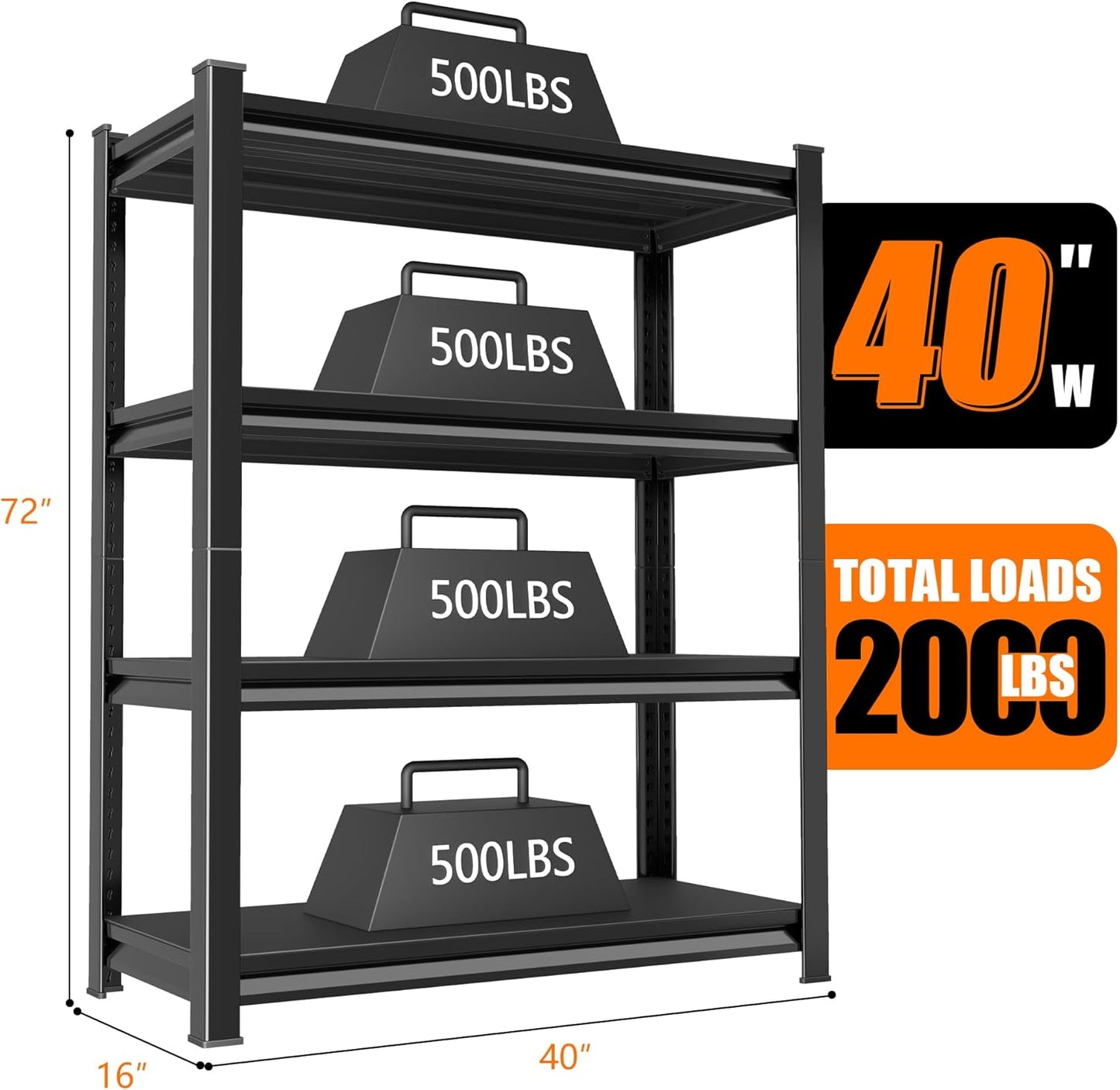 40in Wide Garage Shelving Heavy Duty，2000lbs Large Loads Adjustable Garage Storage Shelves,All Metal Storage Racks and Utility Rack Shelves, 40”W x 16”D x 72”H (Black)