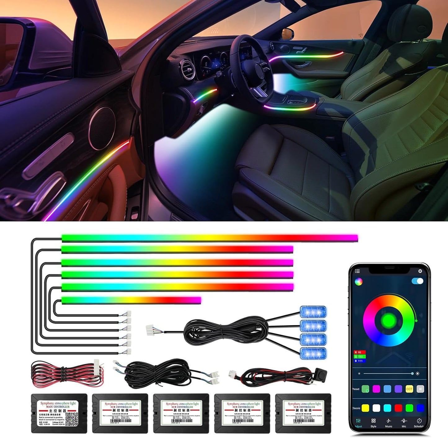 Acrylic Interior Car LED Strip Light, AMKI Dreamcolor Car Neon Light with Wireless APP Control, 10 in 1 Sub-Control Car Ambient Light Kit with DIY Mode and Music Mode, 16 Million Color Car Accessories