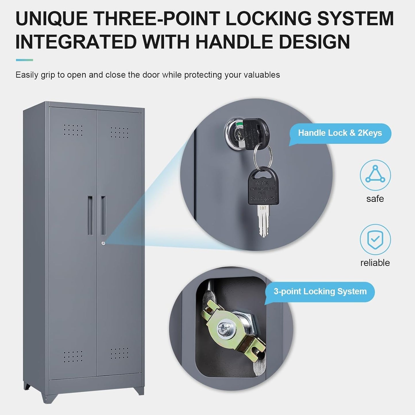 GREATMEET 65" Broom Storage Cabinet, Metal Utility Closet for Brooms and Mops, Cleaning Supply Cabinet with Pegboard, Multifunctional Metal Garage Mop Storage Closet, Grey