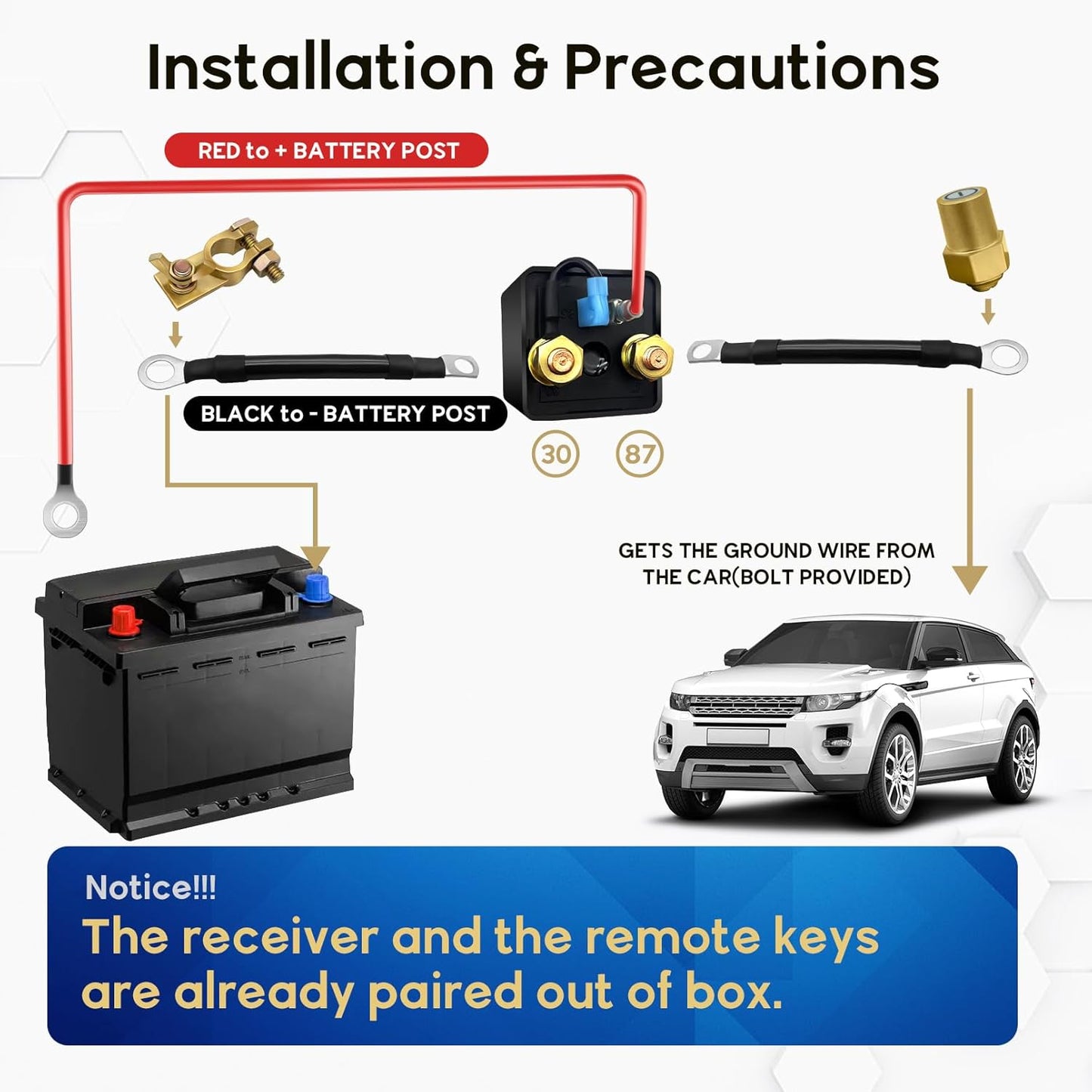 Car Remote Battery Disconnect Switch 12V, 250A Top Post Negative Battery Shut Off Switch Automotive Anti Theft Kill Switch Kit Upgrade Prevent Battery Drain for Truck, RV Auto, Boat