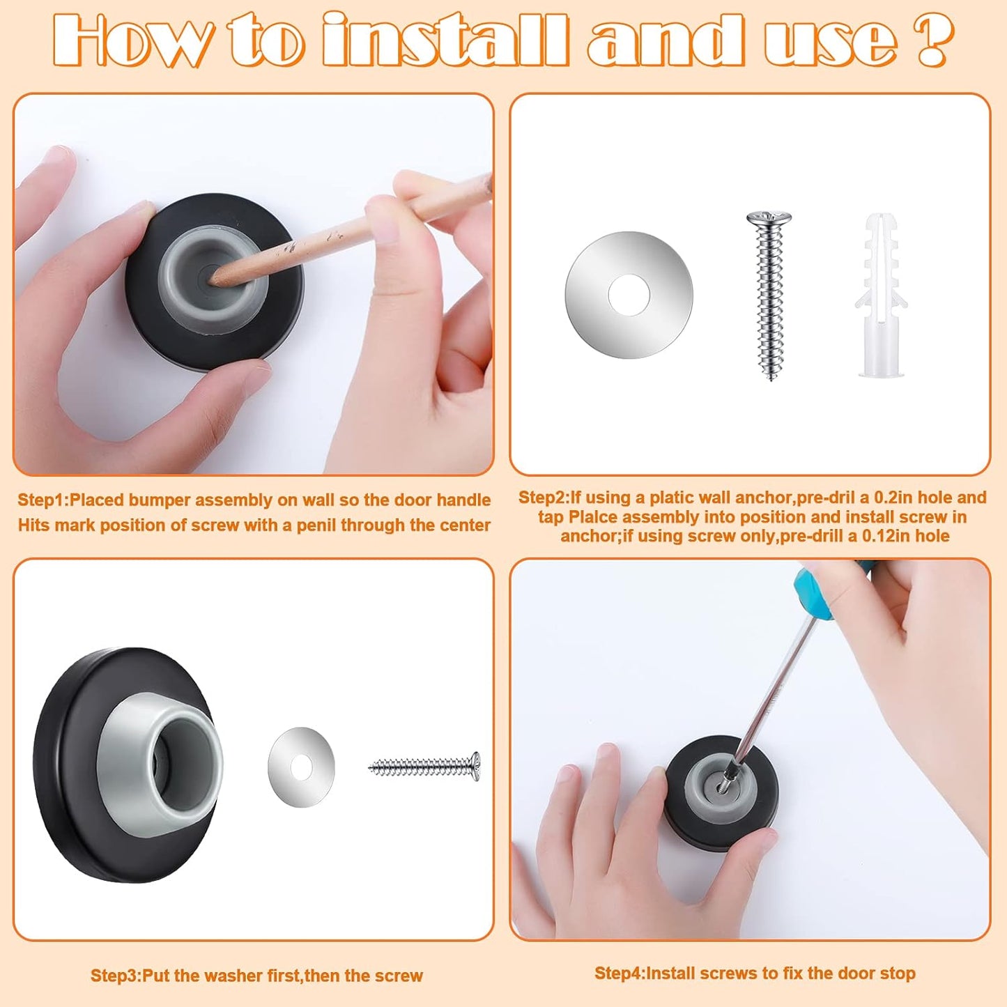 Blulu Concave Wall Door Stopper Door Bumper Stainless Steel Wall Protector Flush Bumper with Grey Rubber Concave Knob Cover Stopper(Black,4 Pieces)