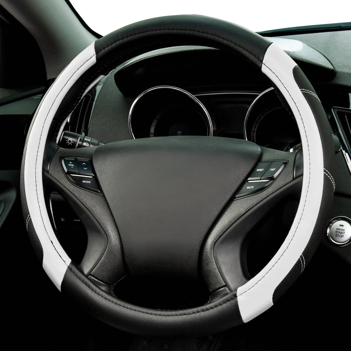 CAR PASS Line Rider Microfiber Leather Sporty Steering Wheel Cover Universal Fits for 95% Truck,SUV,Cars,14.5-15inch Anti-Slip Safety Comfortable Desgin (Black-White)