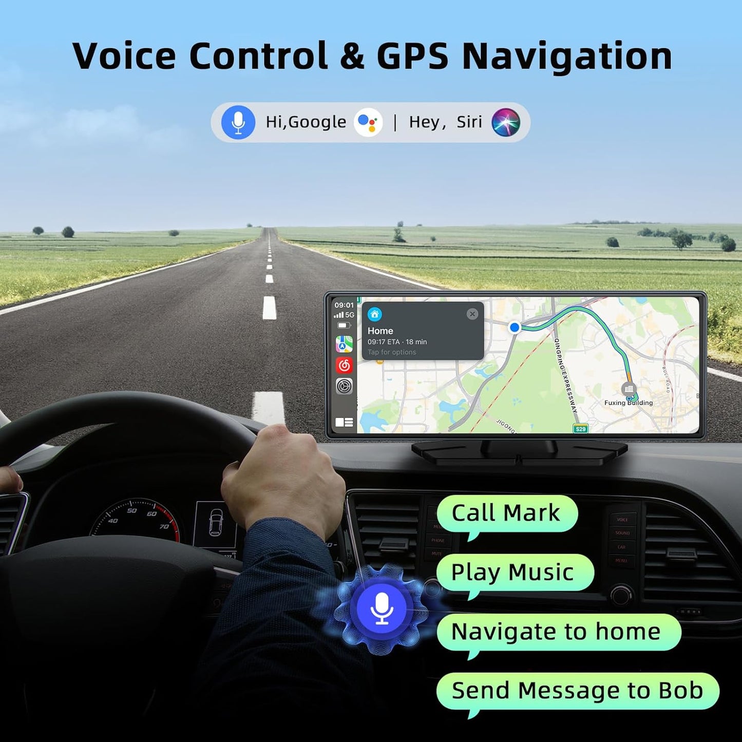 LAMTTO 9.26-inch Wireless CarPlay Screen for Car Compatable with Apple CarPlay& Android Auto,Portable Car Stereo with GPS Navigation,Bluetooth,Mirror Link,Drive Play,Touch Screen for All Vehicles