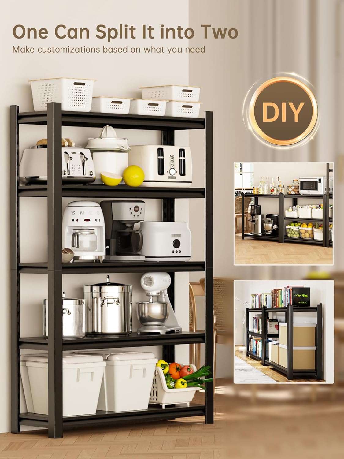 JHYKHG 72" H Storage Shelves,5-Tier Heavy Duty Garage Shelving,Adjustable Shelving Unit,Metal Shelf,Boltless Assembly Rack for Warehouse,Shed,3,000 lb Load,20 x 48 x 72 Inches,Black